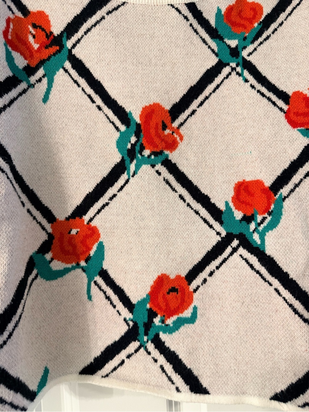 Maeve Cream Crewneck Sweater with Red Rose & Black Grid - Picture 3 of 3
